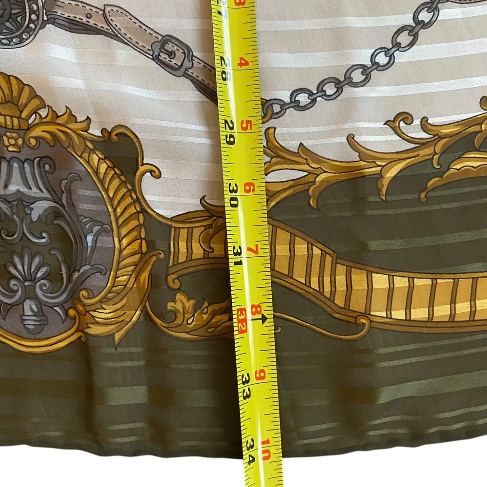 Equestrian Poste et Cavalerie Silk Poly Scarf Olive Green Red Gold‎ 34